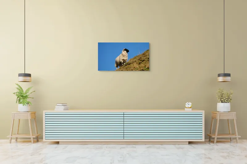 Tablou Canvas, "Oaie pe culmea dealului verde", Oi, Deal, Cer, Albastru, Iarbă, Soare, Liniște, Natură, 90 x 50 cm – poza 5