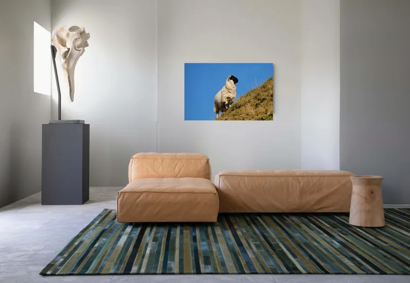 Tablou Canvas, "Oaie pe culmea dealului verde", Oi, Deal, Cer, Albastru, Iarbă, Soare, Liniște, Natură, 90 x 50 cm – poza 8