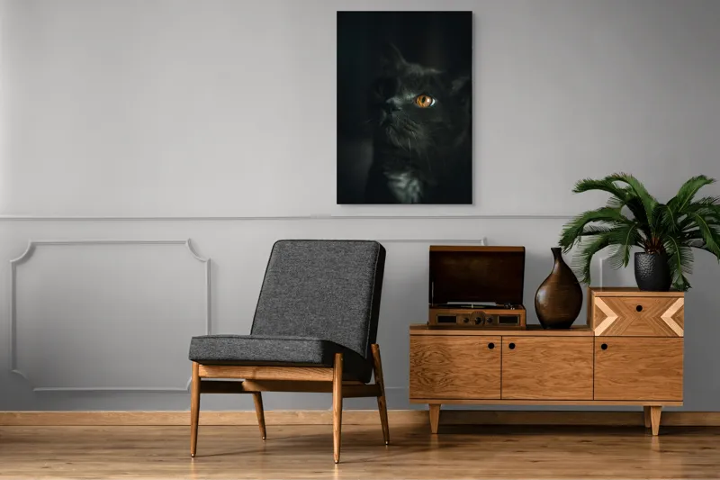 Tablou Canvas, "Privirea enigmatică a pisicii negre", Mister, Eleganță, Privire, Pisică, Întuneric, Blană, Ochii, Misterios, 70 x 100 cm – poza 6