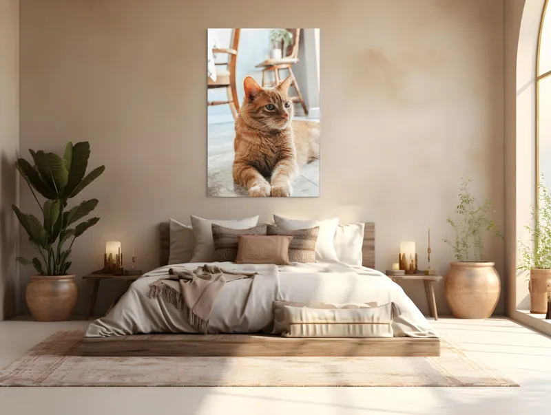 Tablou Canvas, "Pisica relaxată pe podea senină", Pisică, Portocalie, Ochi, Blană, Mobila, Pardoseală, Plante., 100 x 150 cm – poza 3