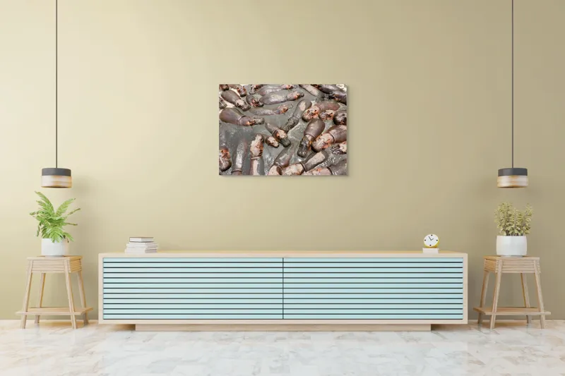 Tablou Canvas, "Colonie de hipopotami în noroiul râului", Hipopotami, Apă, Odihnă, Grămadă, Relaxare, Natură, Căldură, Grup, Faună, Parc, 100 x 70 cm – poza 4