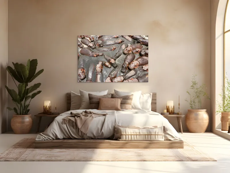 Tablou Canvas, "Colonie de hipopotami în noroiul râului", Hipopotami, Apă, Odihnă, Grămadă, Relaxare, Natură, Căldură, Grup, Faună, Parc, 150 x 100 cm – poza 4