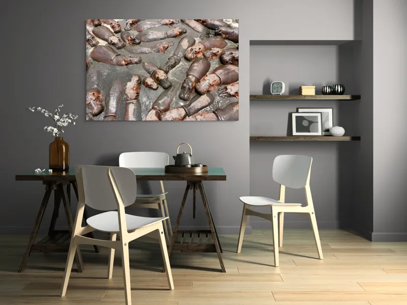 Tablou Canvas, "Colonie de hipopotami în noroiul râului", Hipopotami, Apă, Odihnă, Grămadă, Relaxare, Natură, Căldură, Grup, Faună, Parc, 150 x 100 cm – poza 5