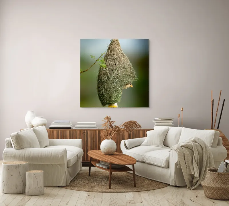 Tablou Canvas, "Minunata locuință a țesătorului curios", Cuib, Pasăre, Natură, Copac, Ramură, Verde, Joc, Echilibru, Grijă, Artă., 100 x 100 cm – poza 3