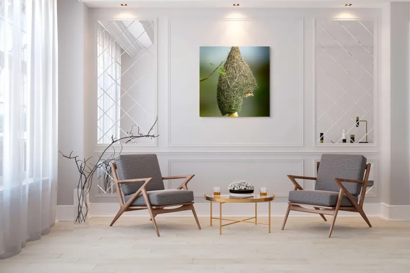 Tablou Canvas, "Minunata locuință a țesătorului curios", Cuib, Pasăre, Natură, Copac, Ramură, Verde, Joc, Echilibru, Grijă, Artă., 100 x 100 cm – poza 7