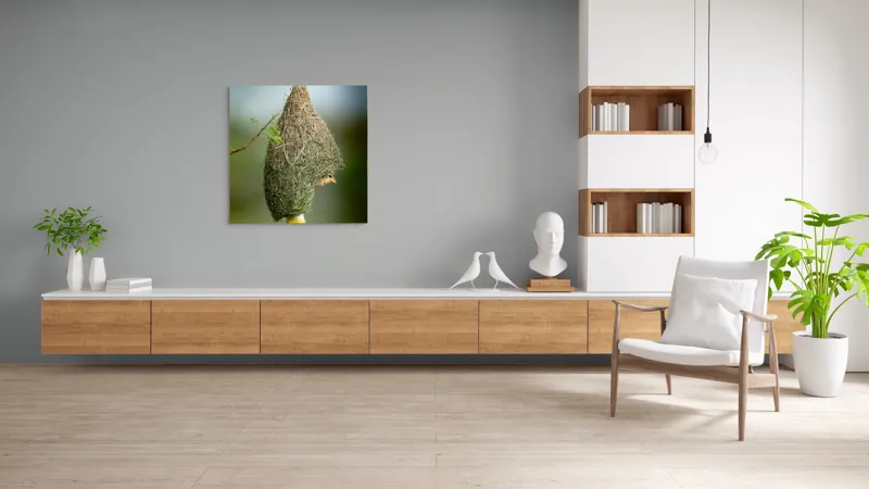Tablou Canvas, "Minunata locuință a țesătorului curios", Cuib, Pasăre, Natură, Copac, Ramură, Verde, Joc, Echilibru, Grijă, Artă., 100 x 100 cm – poza 8