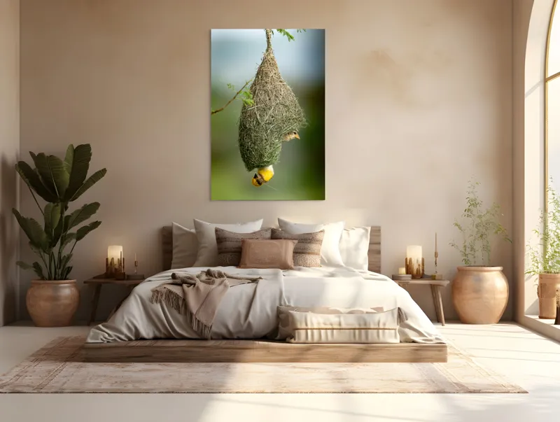 Tablou Canvas, "Minunata locuință a țesătorului curios", Cuib, Pasăre, Natură, Copac, Ramură, Verde, Joc, Echilibru, Grijă, Artă., 100 x 150 cm – poza 3