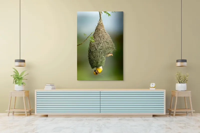 Tablou Canvas, "Minunata locuință a țesătorului curios", Cuib, Pasăre, Natură, Copac, Ramură, Verde, Joc, Echilibru, Grijă, Artă., 100 x 150 cm – poza 4