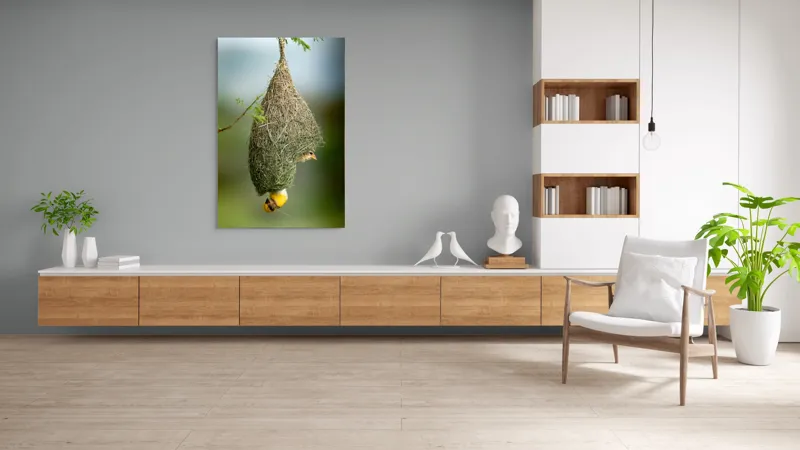 Tablou Canvas, "Minunata locuință a țesătorului curios", Cuib, Pasăre, Natură, Copac, Ramură, Verde, Joc, Echilibru, Grijă, Artă., 100 x 150 cm – poza 8