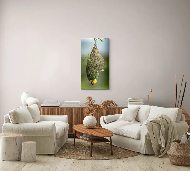 Tablou Canvas, "Minunata locuință a țesătorului curios", Cuib, Pasăre, Natură, Copac, Ramură, Verde, Joc, Echilibru, Grijă, Artă., 50 x 90 cm – poza 7