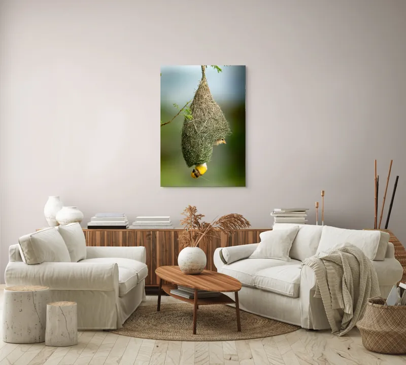 Tablou Canvas, "Minunata locuință a țesătorului curios", Cuib, Pasăre, Natură, Copac, Ramură, Verde, Joc, Echilibru, Grijă, Artă., 70 x 100 cm – poza 4