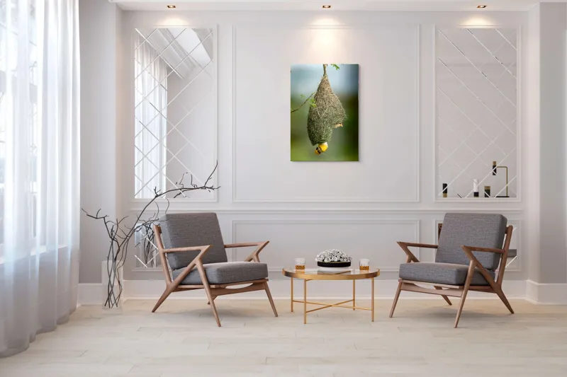 Tablou Canvas, "Minunata locuință a țesătorului curios", Cuib, Pasăre, Natură, Copac, Ramură, Verde, Joc, Echilibru, Grijă, Artă., 70 x 100 cm – poza 8
