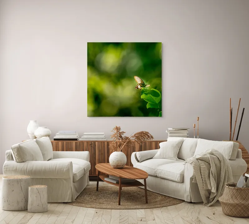 Tablou Canvas, "Fluture pe frunzele verzi scăldate de soare", Fluture, Frunze, Lumină, Verde, Natură, Bokeh, Aripi, Fragilitate, 100 x 100 cm – poza 3