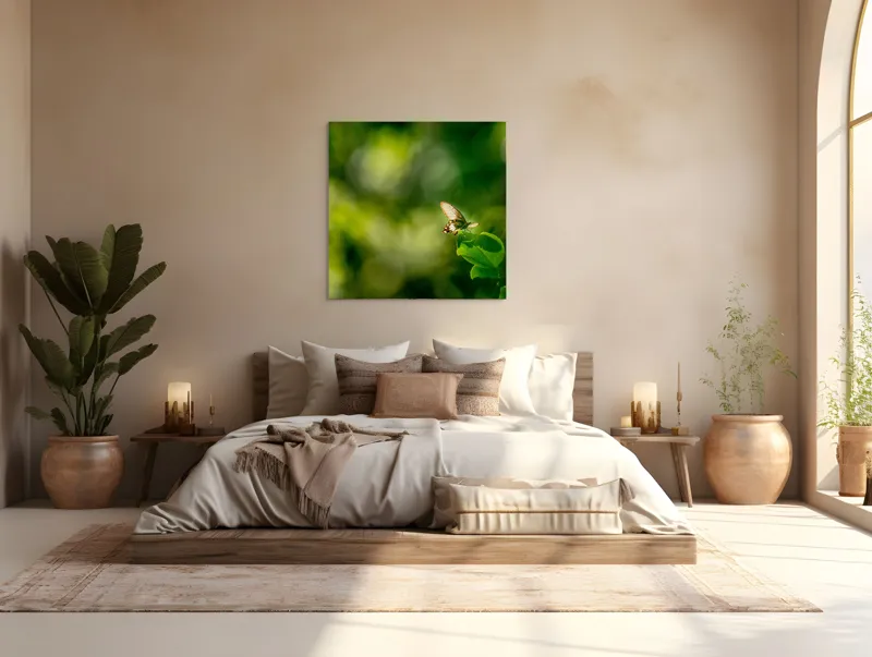 Tablou Canvas, "Fluture pe frunzele verzi scăldate de soare", Fluture, Frunze, Lumină, Verde, Natură, Bokeh, Aripi, Fragilitate, 100 x 100 cm – poza 4
