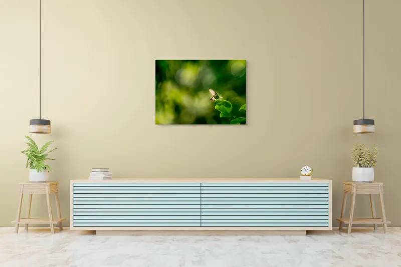 Tablou Canvas, "Fluture pe frunzele verzi scăldate de soare", Fluture, Frunze, Lumină, Verde, Natură, Bokeh, Aripi, Fragilitate, 100 x 70 cm – poza 4