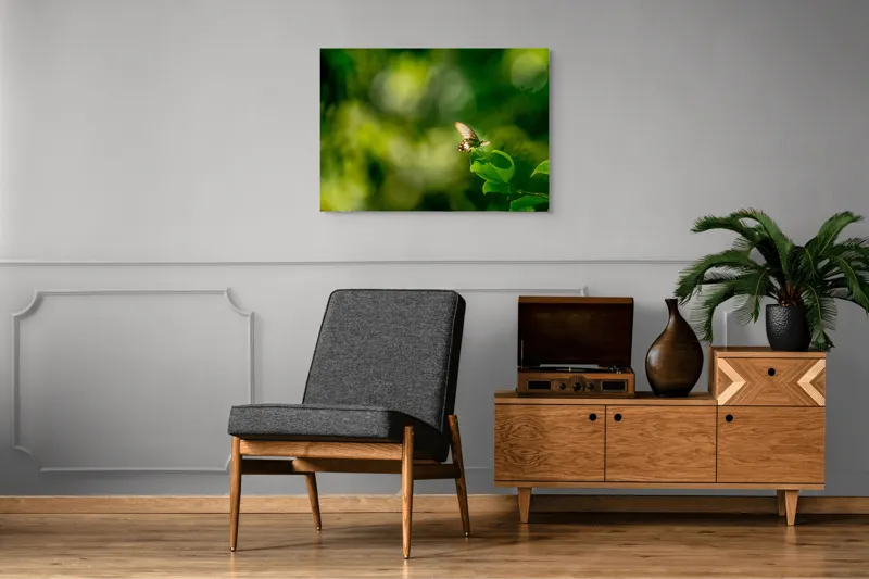 Tablou Canvas, "Fluture pe frunzele verzi scăldate de soare", Fluture, Frunze, Lumină, Verde, Natură, Bokeh, Aripi, Fragilitate, 100 x 70 cm – poza 8