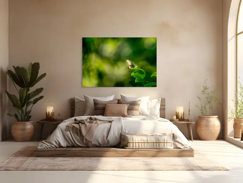 Tablou Canvas, "Fluture pe frunzele verzi scăldate de soare", Fluture, Frunze, Lumină, Verde, Natură, Bokeh, Aripi, Fragilitate, 150 x 100 cm – poza 4