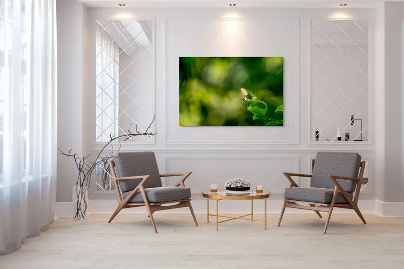 Tablou Canvas, "Fluture pe frunzele verzi scăldate de soare", Fluture, Frunze, Lumină, Verde, Natură, Bokeh, Aripi, Fragilitate, 150 x 100 cm – poza 7