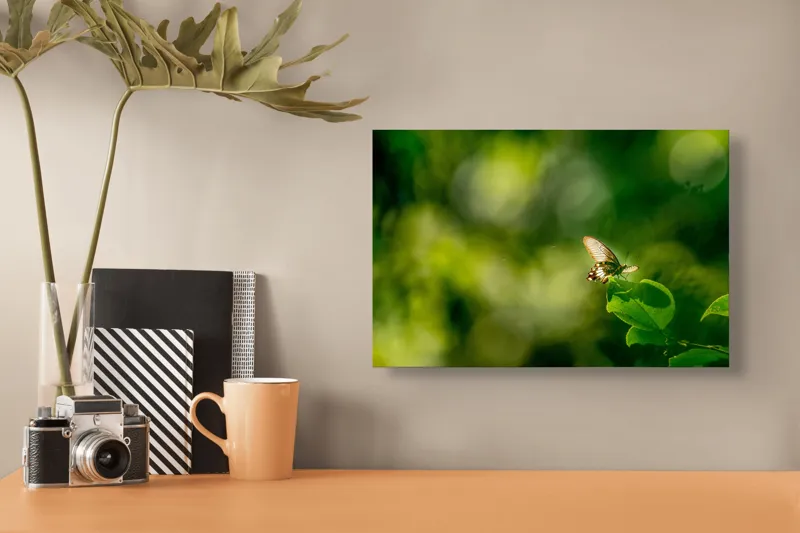 Tablou Canvas, "Fluture pe frunzele verzi scăldate de soare", Fluture, Frunze, Lumină, Verde, Natură, Bokeh, Aripi, Fragilitate, 39 x 26 cm – poza 3