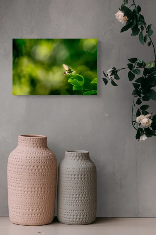 Tablou Canvas, "Fluture pe frunzele verzi scăldate de soare", Fluture, Frunze, Lumină, Verde, Natură, Bokeh, Aripi, Fragilitate, 39 x 26 cm – poza 4
