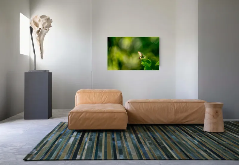 Tablou Canvas, "Fluture pe frunzele verzi scăldate de soare", Fluture, Frunze, Lumină, Verde, Natură, Bokeh, Aripi, Fragilitate, 90 x 50 cm – poza 8