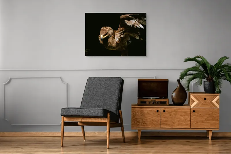 Tablou Canvas, "Vultur în zbor majestuos spre cer", Vultur, Aripi, Penaj, Contrast, Majestuos, Întuneric, Lupător, Zbor, Forță, Pradă, 100 x 70 cm – poza 8