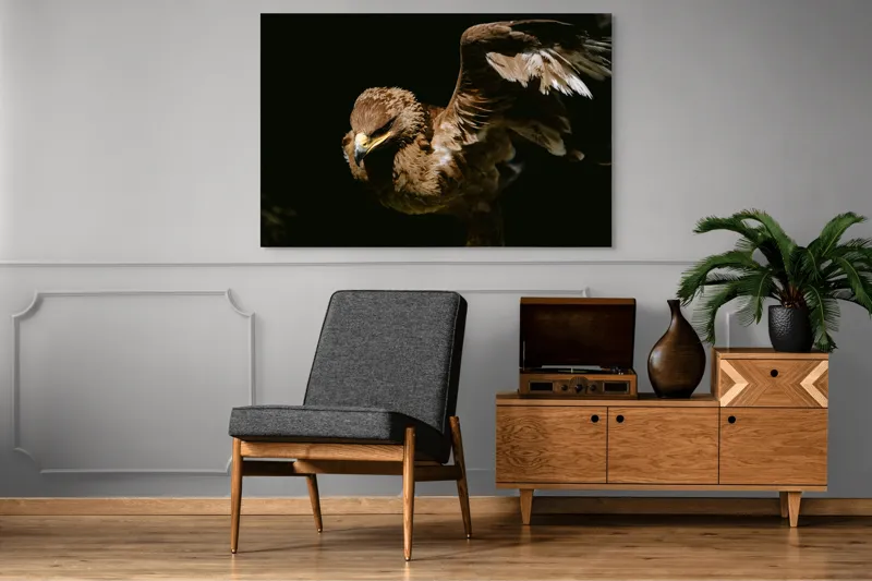 Tablou Canvas, "Vultur în zbor majestuos spre cer", Vultur, Aripi, Penaj, Contrast, Majestuos, Întuneric, Lupător, Zbor, Forță, Pradă, 150 x 100 cm – poza 8