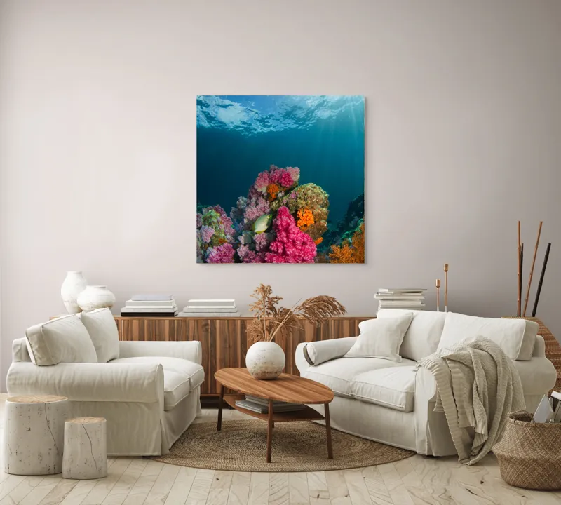 Tablou Canvas, "Raiul subacvatic al recifurilor de corali", Spectacol, Subacvatic, Culoare, Corali, Pește, Soare, Razele, Apă, Strălucire, Frumusețe., 100 x 100 cm – poza 3