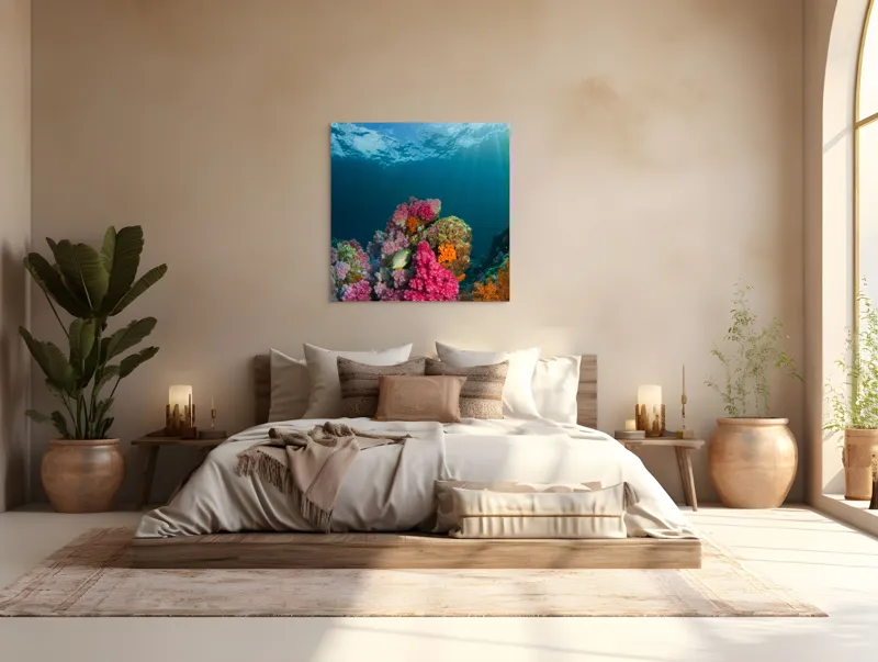 Tablou Canvas, "Raiul subacvatic al recifurilor de corali", Spectacol, Subacvatic, Culoare, Corali, Pește, Soare, Razele, Apă, Strălucire, Frumusețe., 100 x 100 cm – poza 4