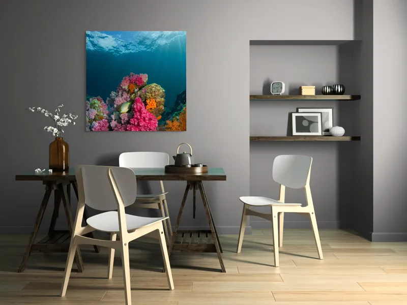 Tablou Canvas, "Raiul subacvatic al recifurilor de corali", Spectacol, Subacvatic, Culoare, Corali, Pește, Soare, Razele, Apă, Strălucire, Frumusețe., 100 x 100 cm – poza 6