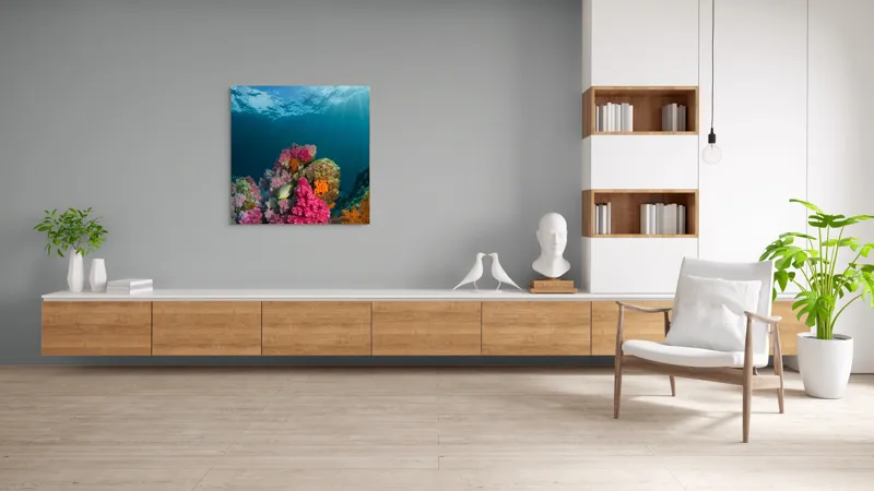 Tablou Canvas, "Raiul subacvatic al recifurilor de corali", Spectacol, Subacvatic, Culoare, Corali, Pește, Soare, Razele, Apă, Strălucire, Frumusețe., 100 x 100 cm – poza 8