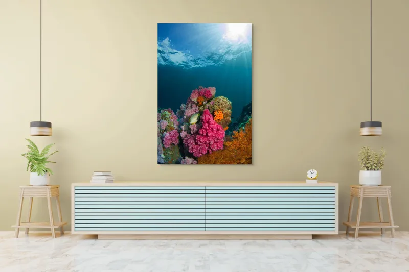 Tablou Canvas, "Raiul subacvatic al recifurilor de corali", Spectacol, Subacvatic, Culoare, Corali, Pește, Soare, Razele, Apă, Strălucire, Frumusețe., 100 x 150 cm – poza 4