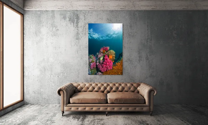 Tablou Canvas, "Raiul subacvatic al recifurilor de corali", Spectacol, Subacvatic, Culoare, Corali, Pește, Soare, Razele, Apă, Strălucire, Frumusețe., 100 x 150 cm – poza 6