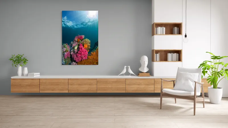 Tablou Canvas, "Raiul subacvatic al recifurilor de corali", Spectacol, Subacvatic, Culoare, Corali, Pește, Soare, Razele, Apă, Strălucire, Frumusețe., 100 x 150 cm – poza 8