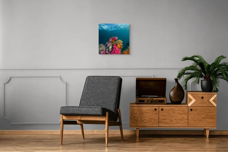 Tablou Canvas, "Raiul subacvatic al recifurilor de corali", Spectacol, Subacvatic, Culoare, Corali, Pește, Soare, Razele, Apă, Strălucire, Frumusețe., 50 x 50 cm – poza 6