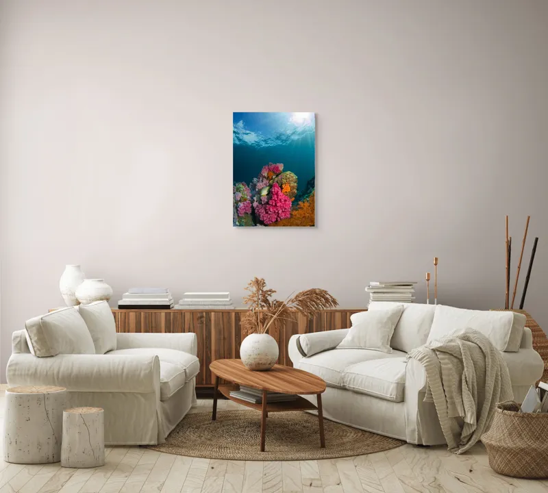 Tablou Canvas, "Raiul subacvatic al recifurilor de corali", Spectacol, Subacvatic, Culoare, Corali, Pește, Soare, Razele, Apă, Strălucire, Frumusețe., 50 x 70 cm – poza 4