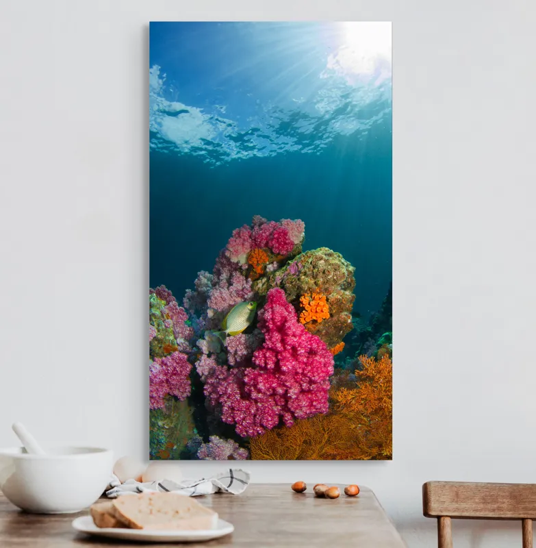 Tablou Canvas, "Raiul subacvatic al recifurilor de corali", Spectacol, Subacvatic, Culoare, Corali, Pește, Soare, Razele, Apă, Strălucire, Frumusețe., 50 x 90 cm – poza 3