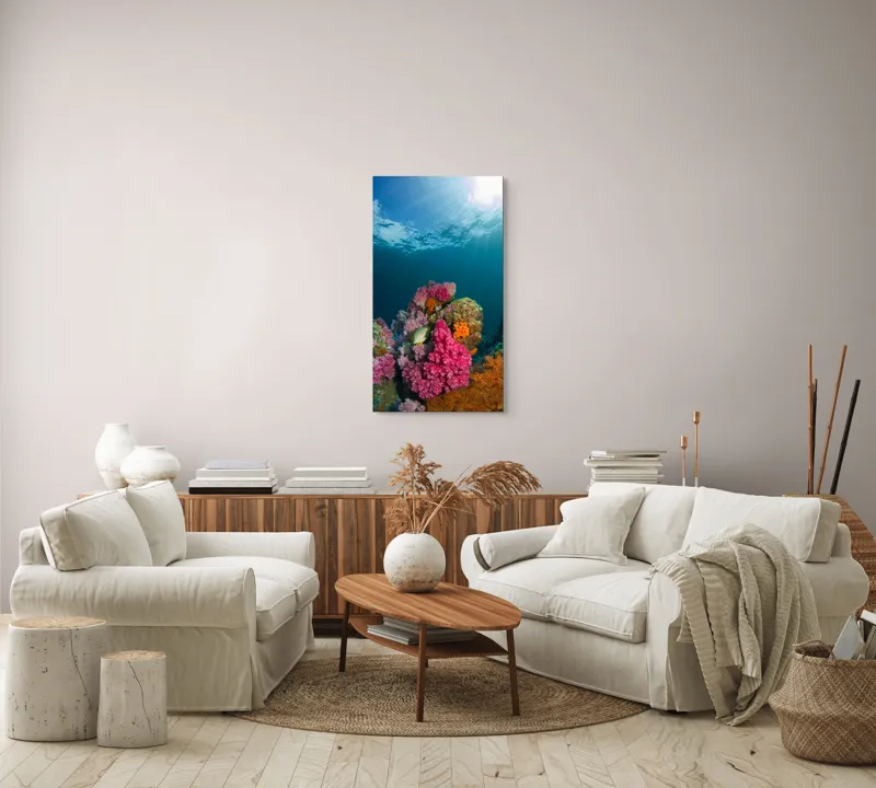 Tablou Canvas, "Raiul subacvatic al recifurilor de corali", Spectacol, Subacvatic, Culoare, Corali, Pește, Soare, Razele, Apă, Strălucire, Frumusețe., 50 x 90 cm – poza 7