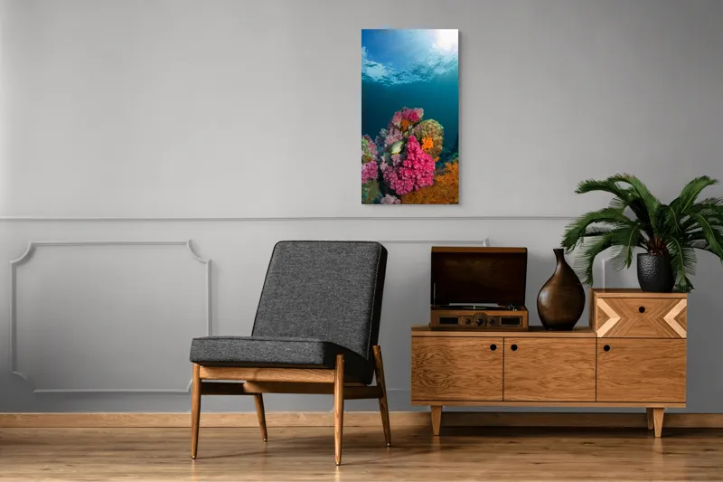 Tablou Canvas, "Raiul subacvatic al recifurilor de corali", Spectacol, Subacvatic, Culoare, Corali, Pește, Soare, Razele, Apă, Strălucire, Frumusețe., 50 x 90 cm – poza 8