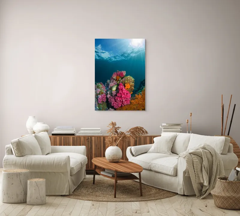 Tablou Canvas, "Raiul subacvatic al recifurilor de corali", Spectacol, Subacvatic, Culoare, Corali, Pește, Soare, Razele, Apă, Strălucire, Frumusețe., 70 x 100 cm – poza 4