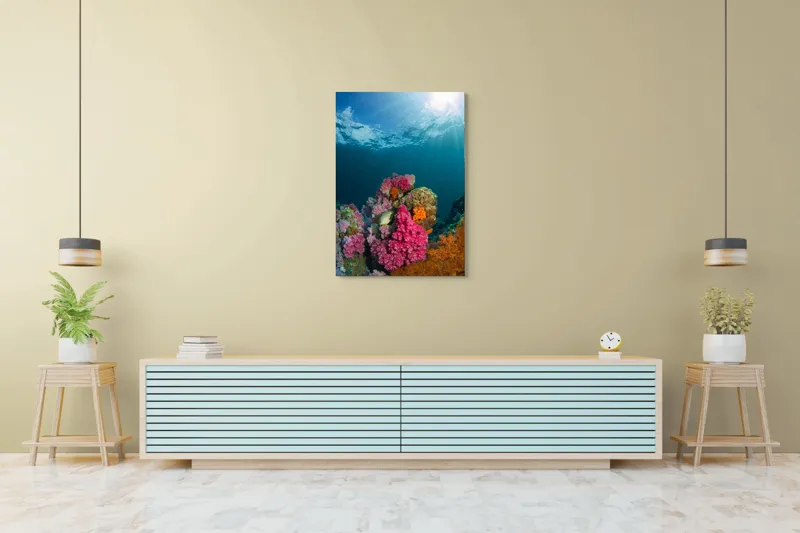 Tablou Canvas, "Raiul subacvatic al recifurilor de corali", Spectacol, Subacvatic, Culoare, Corali, Pește, Soare, Razele, Apă, Strălucire, Frumusețe., 70 x 100 cm – poza 5