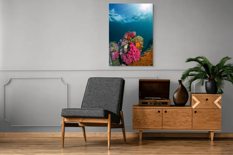 Tablou Canvas, "Raiul subacvatic al recifurilor de corali", Spectacol, Subacvatic, Culoare, Corali, Pește, Soare, Razele, Apă, Strălucire, Frumusețe., 70 x 100 cm – poza 6