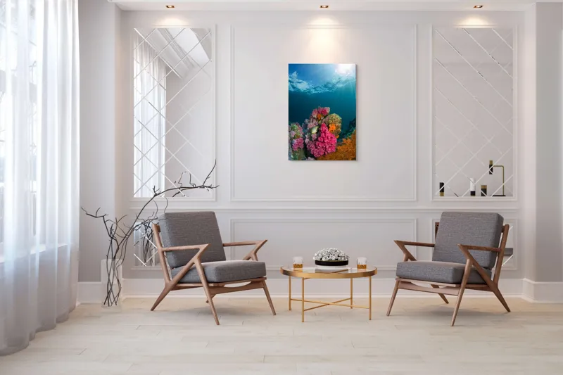 Tablou Canvas, "Raiul subacvatic al recifurilor de corali", Spectacol, Subacvatic, Culoare, Corali, Pește, Soare, Razele, Apă, Strălucire, Frumusețe., 70 x 100 cm – poza 8
