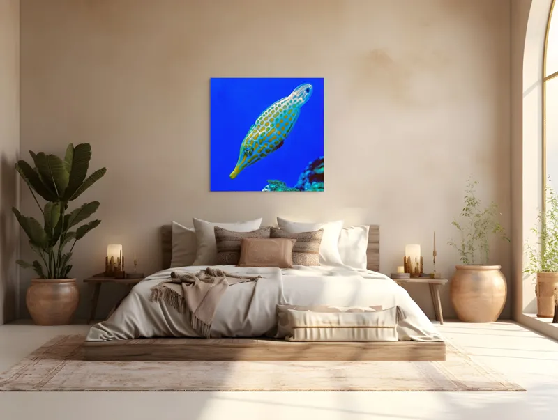 Tablou Canvas, "Peștișorul viu colorat din adâncuri", Pește, Ocean, Albastru, Portocaliu, Acvatic, Exotic, Vibrant, Colorat, Muzeu, Marine., 100 x 100 cm – poza 4