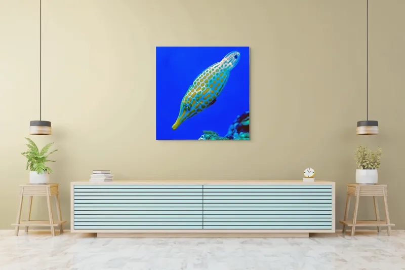 Tablou Canvas, "Peștișorul viu colorat din adâncuri", Pește, Ocean, Albastru, Portocaliu, Acvatic, Exotic, Vibrant, Colorat, Muzeu, Marine., 100 x 100 cm – poza 5