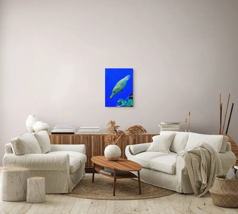 Tablou Canvas, "Peștișorul viu colorat din adâncuri", Pește, Ocean, Albastru, Portocaliu, Acvatic, Exotic, Vibrant, Colorat, Muzeu, Marine., 39 x 54 cm – poza 5