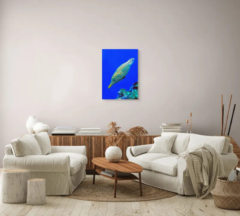 Tablou Canvas, "Peștișorul viu colorat din adâncuri", Pește, Ocean, Albastru, Portocaliu, Acvatic, Exotic, Vibrant, Colorat, Muzeu, Marine., 50 x 70 cm – poza 4