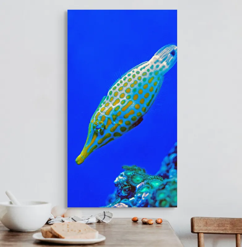 Tablou Canvas, "Peștișorul viu colorat din adâncuri", Pește, Ocean, Albastru, Portocaliu, Acvatic, Exotic, Vibrant, Colorat, Muzeu, Marine., 50 x 90 cm – poza 3