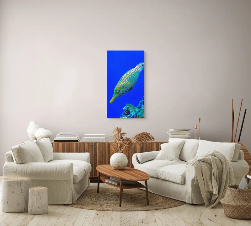 Tablou Canvas, "Peștișorul viu colorat din adâncuri", Pește, Ocean, Albastru, Portocaliu, Acvatic, Exotic, Vibrant, Colorat, Muzeu, Marine., 50 x 90 cm – poza 7