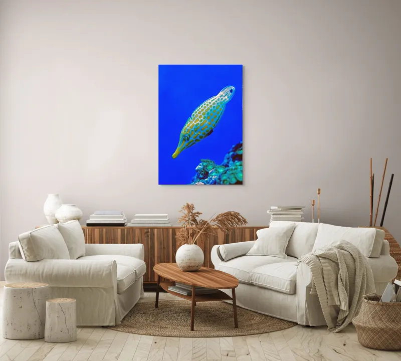 Tablou Canvas, "Peștișorul viu colorat din adâncuri", Pește, Ocean, Albastru, Portocaliu, Acvatic, Exotic, Vibrant, Colorat, Muzeu, Marine., 70 x 100 cm – poza 4